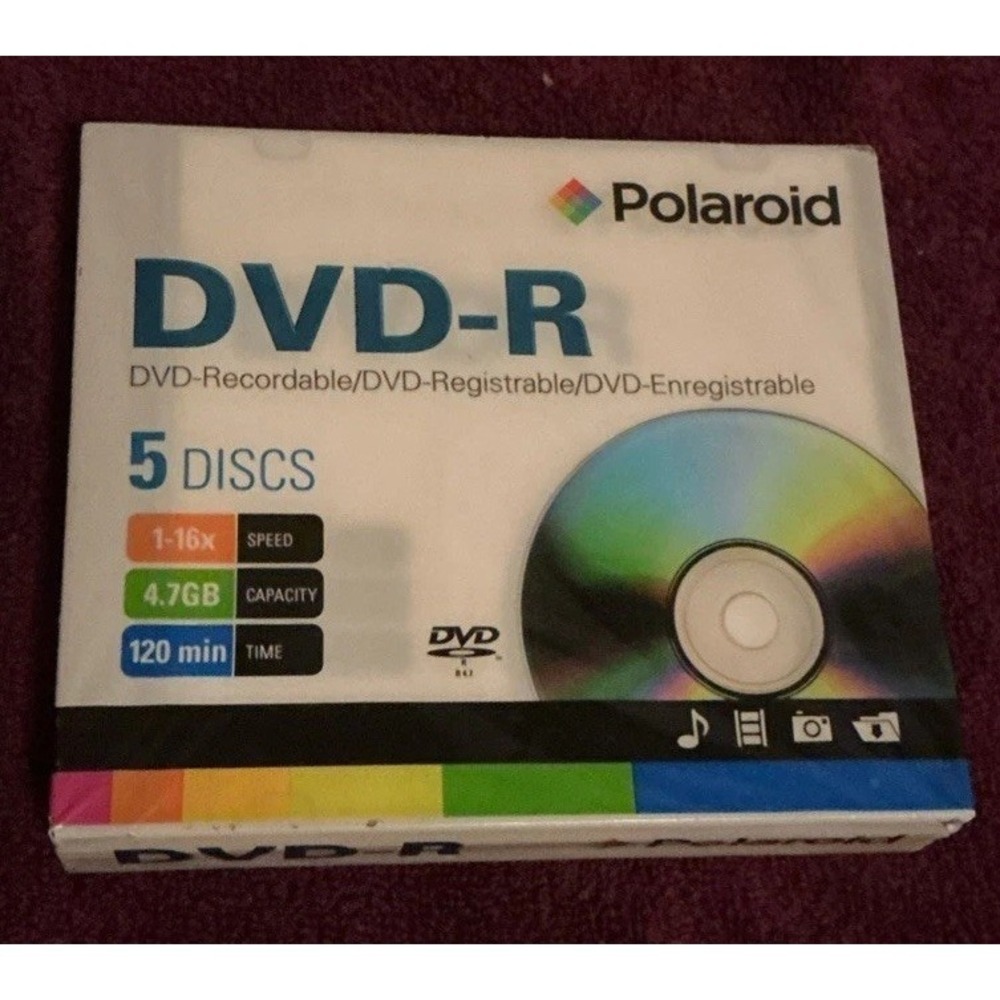 Polaroid DVD-R 1-16x Speed, 4.7GB Capacity, 120 Min 5 Discs Pack, Sealed Package